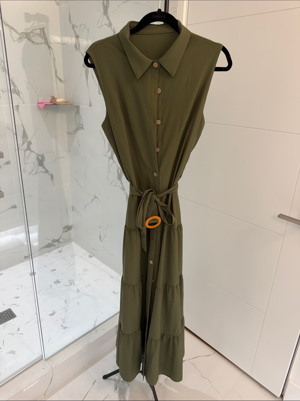 Sleeveless Collared Tiered Maxi Dress - Olive Green
